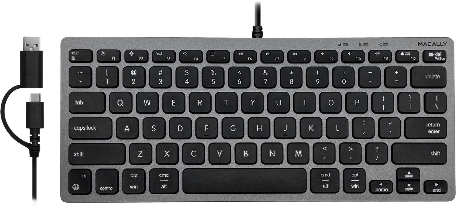 Macally UCASLIMKEYCSG Compact bedraad USB-C en USB-A toetsenbord voor Apple Mac en iPad - Zwarte toetsen - U.S. Engels (QWERTY) layout