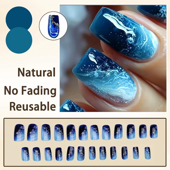 24 stuks vingernagels om op te plakken, middelhoekig, blauw kleurverloop, valse nagels, Franse press-on nagels met wit golvend design, volledige cover plaknagels, acryl kunstnagels voor vrouwen, nail — afbeelding 3