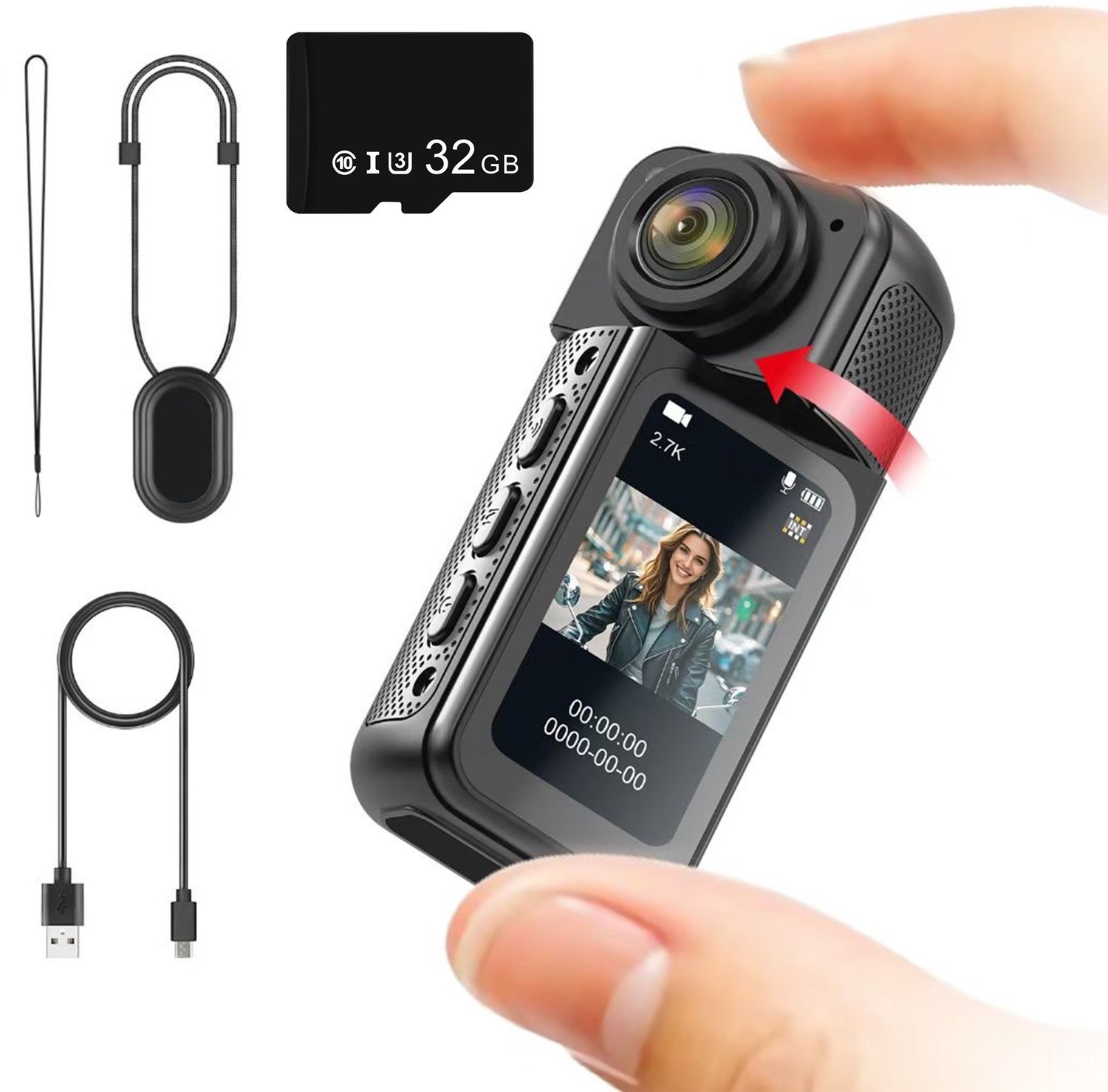 NAXSIR Mini Actiecamera 2.7K Sportcamera met magneetbevestiging en 180° draaibare lens, WiFi + 1,47" IPS-display