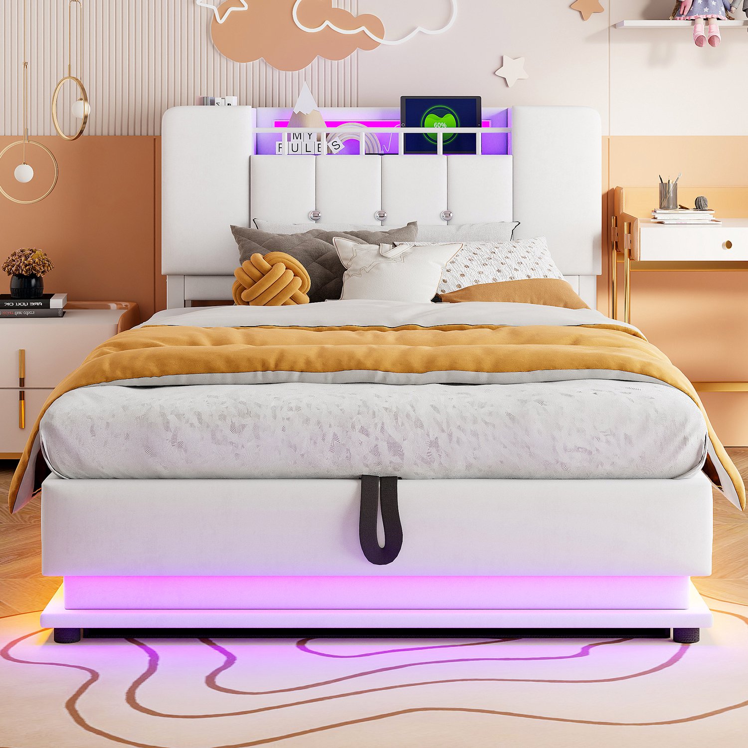 Merax Kinderbed 90 x 200 cm - met LED-verlichting - USB-poort en opbergruimte - metalen frame - beige - zonder matras