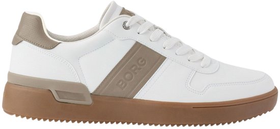 Witte sneaker met beige streep en 'BORG' logo, bruine zool.