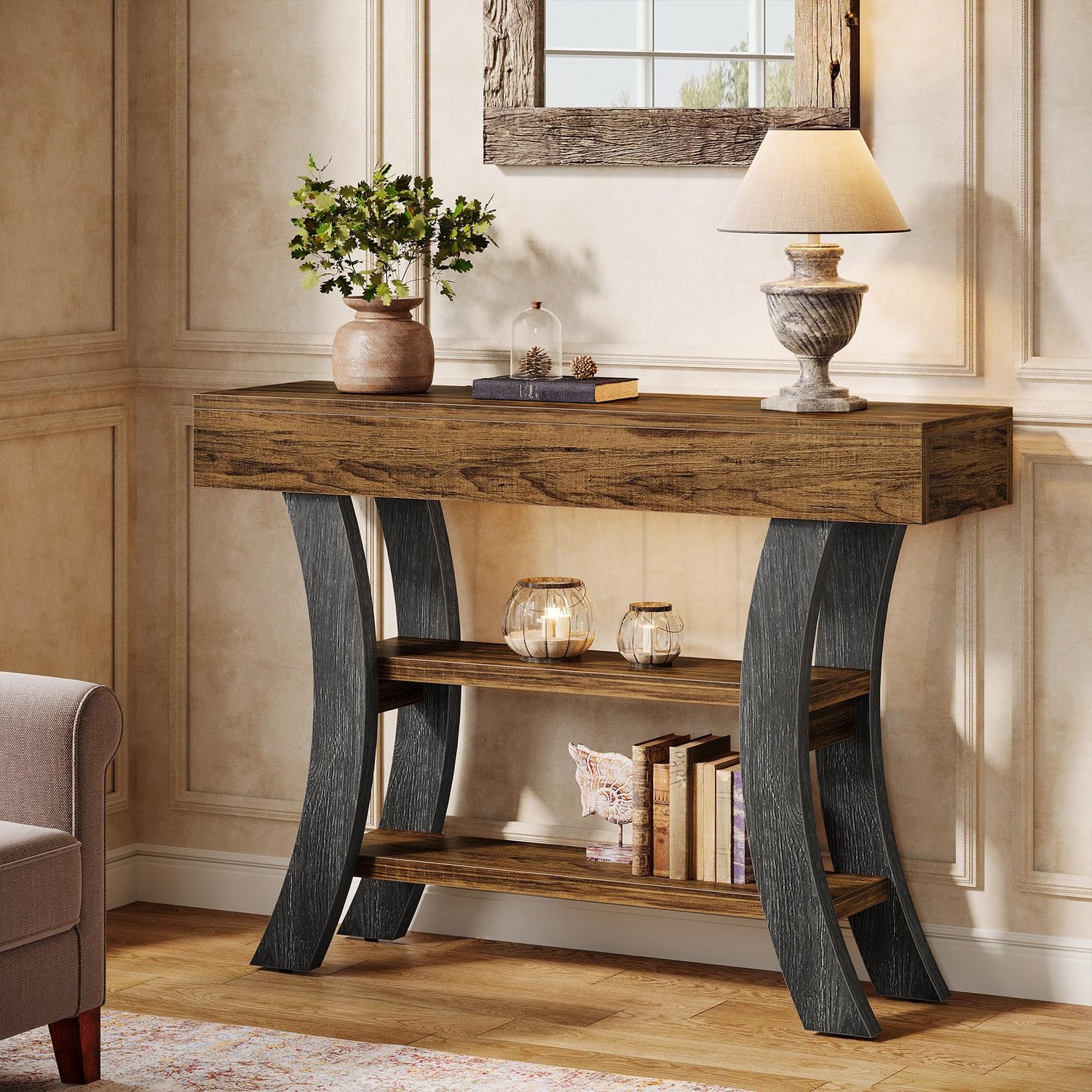 LITTLE TREE Smalle Rustieke Console Tafel -105 x 30 x 80 cm - 3 Lagen Opbergplanken - Gebogen Frame - Voor Hal en Woonkamer -Bruin