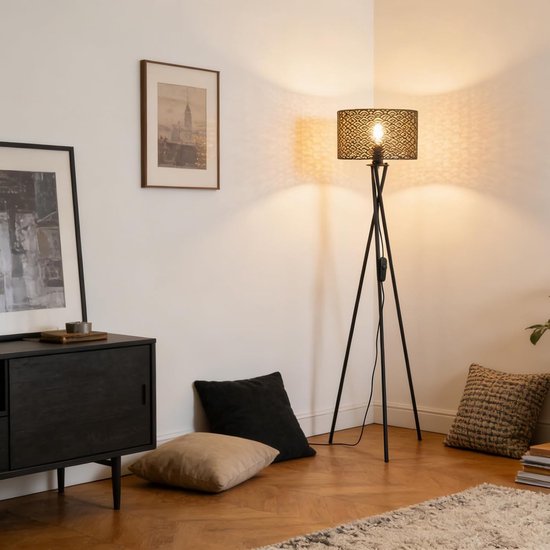 Vintage led-vloerlamp, driepoot, met dimbare schakelaar, retro staande lamp met E27 lampfitting, metalen ruitpatroon, kap — afbeelding 2