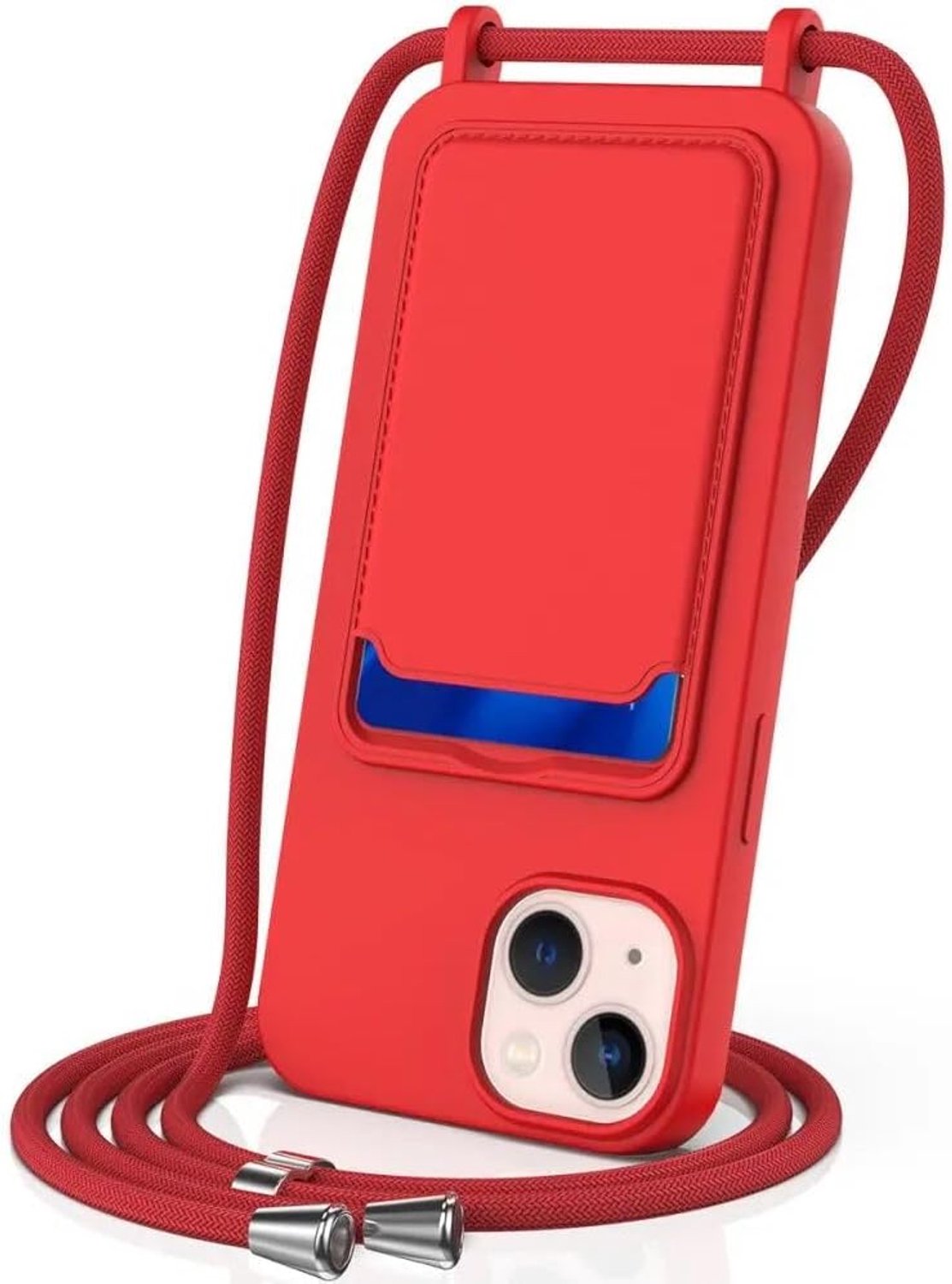 Hoesje met Koord en Pasjeshouder Geschikt voor Apple iPhone 15 | Back Cover met Crossbody Koord en Kaarthouder | Ideaal voor Festival/Vakantie | Siliconen | Rood