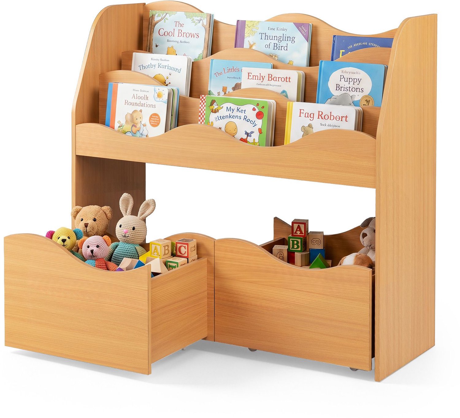 SureDeal® - Boekenkast - Kinder Speelgoedkast - Golvende Niveaus Kinderboekenrek - Kinderkamer - Speelkamer - 82x30x76 cm - Naturel