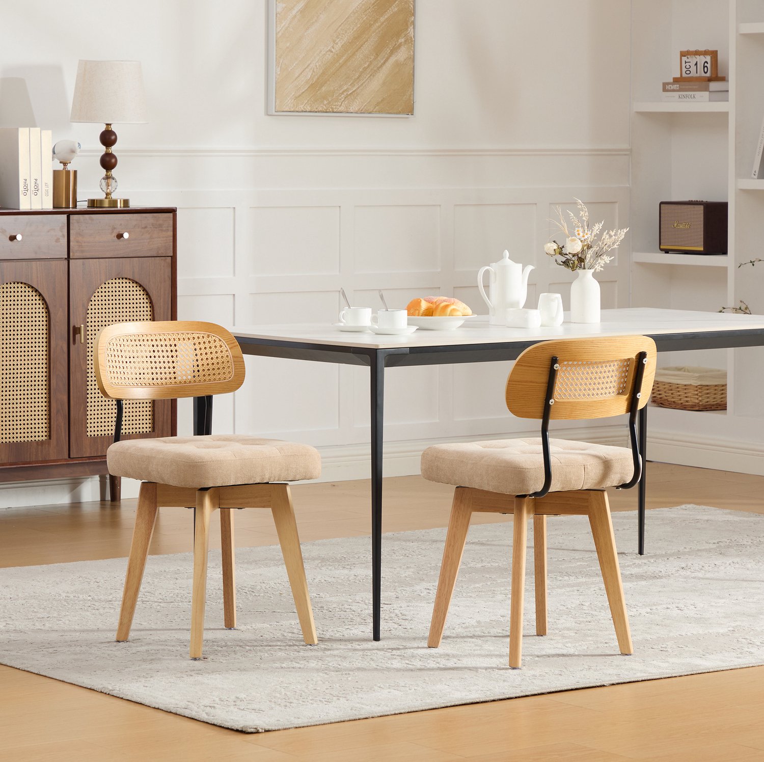 DESMIU Eetkamerstoel Set Van 2 43 Bij 50 Bij 77 Cm - 360 Graden Draaibaar Met Rotan Rugleuning - Eetkamer En Slaapkamer - Chenille Khaki