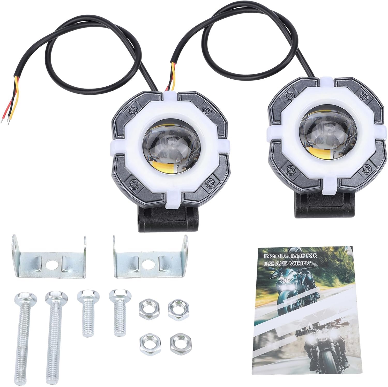 RGB-motorrijlichten, 2 Stuks LED-spots met Groot-/dimlicht, Witgele Flitser, Behuizing van Gegoten Aluminiumlegering, IP67-geclassificeerd, Verstelbare Montageaccessoires,