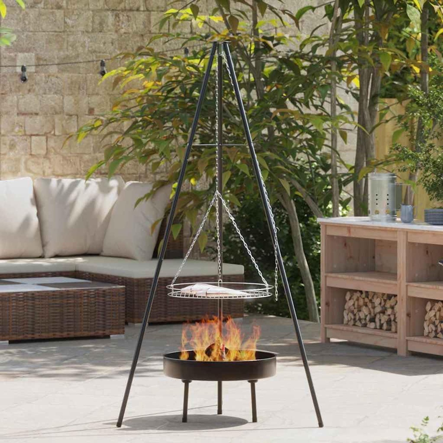 Kampvuur statief, driepoot grillframe van staal, zwart