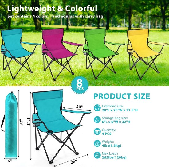 8 stuks opvouwbare campingstoelen met bekerhouder en draagtas, normale maat, draagbare lichtgewicht gazonstoel met zijvak van gaas voor vissen, wandelen, picknick, feest, strand, outdoor — afbeelding 5
