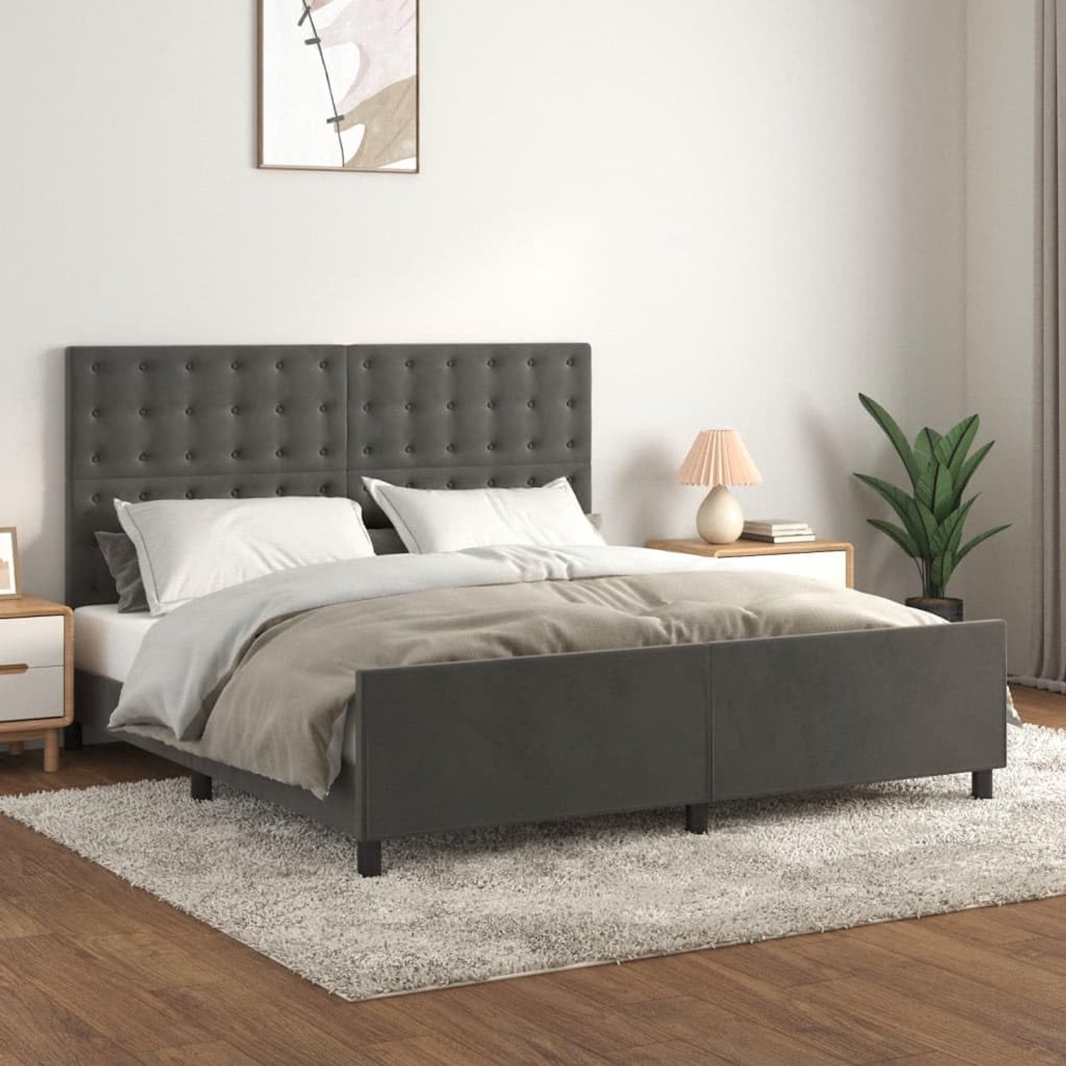 Bedframe met hoofdeinde, donkergrijs, 180 x 200 cm, fluweel, bedframe voor slaapkamer, hotel, logeerkamer, bedframe, familiebed voor slaapkamer, hotel, logeerkamer