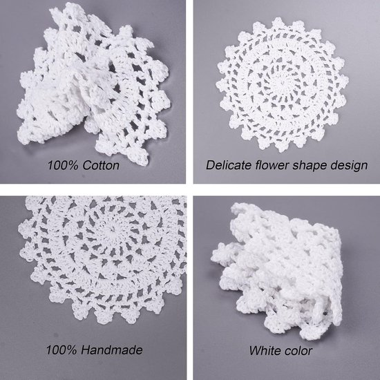 6 stuks 10 cm katoenen kleedjes, kleine vintage stoffen kanten placemats, gehaakte mandala-ronde onderzetters, handgemaakte wagenwielstijl doilies voor ambachten, wit — afbeelding 3
