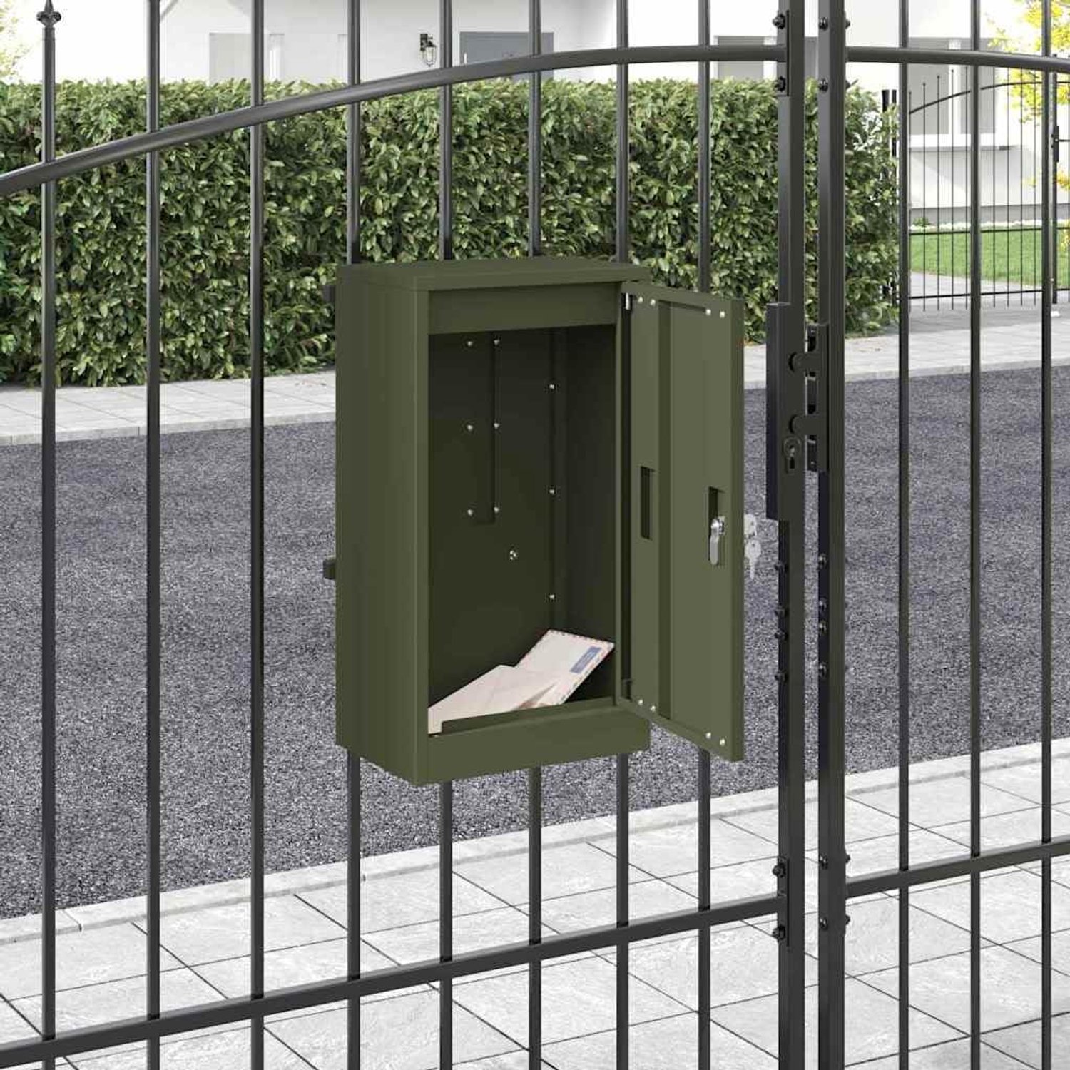 Brievenbus met vak voor pakketten, 30 x 20 x 55 cm, stalen brievenbus voor buiten, afsluitbare pakketbus, olijfgroen