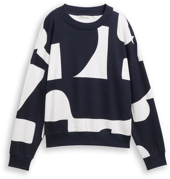 Donkerblauwe sweater met een all-over grote witte abstracte print.
