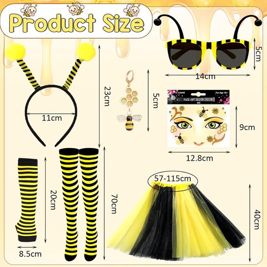7 stuks bijenkostuum voor volwassenen, voor dames, Hummel, fancy Dress, set met tule rok, hoofdband, gestreepte kousen, handschoenen, gezicht, tattoobril, oorbellen voor carnaval, verkleedpartijen, — afbeelding 2