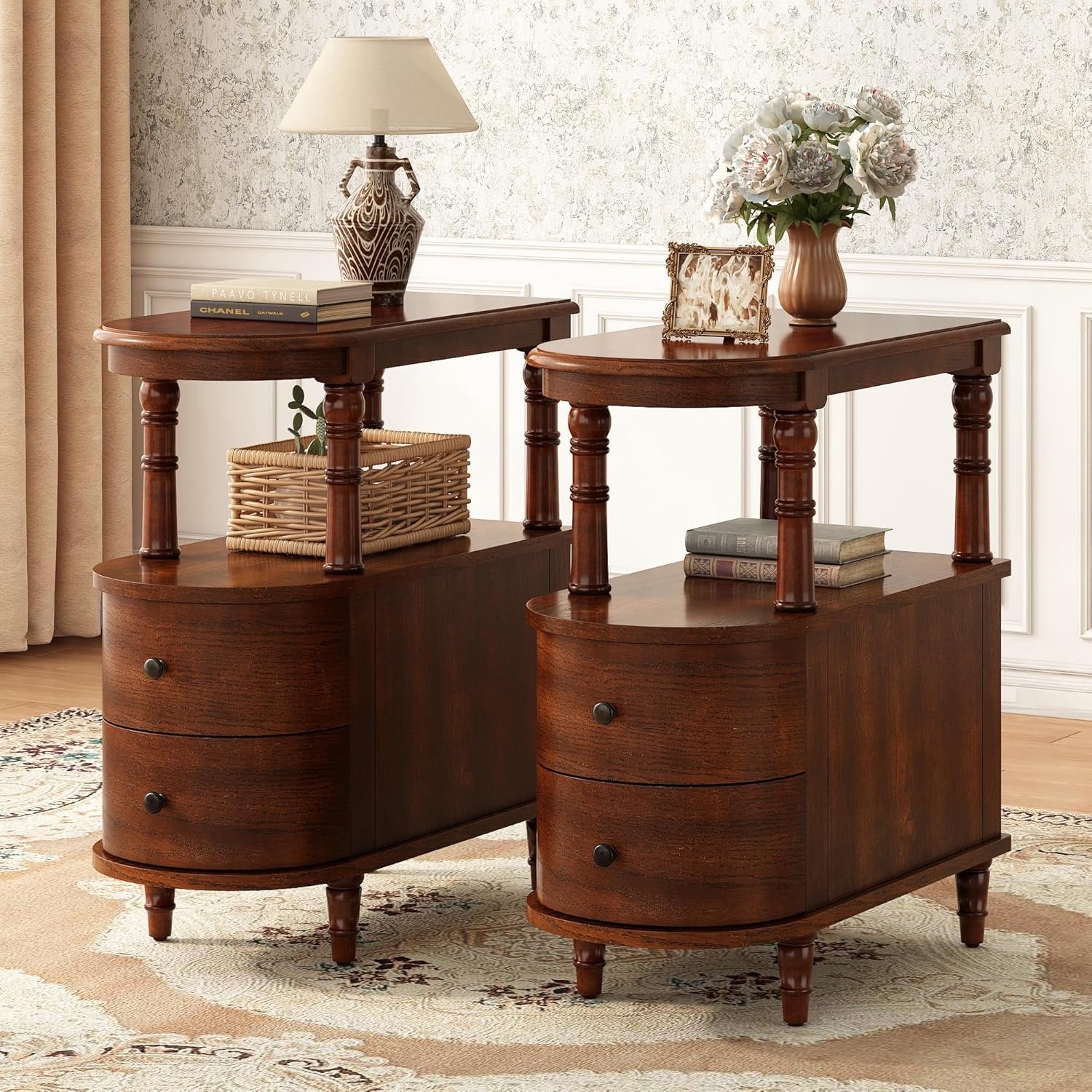 PADMA HOUSE Massief houten bijzettafel met 2 laden, smalle woonkamertafel met opbergrek, vintage slim sofatafel, koffietafel, kersennotenhout (2, bruin)