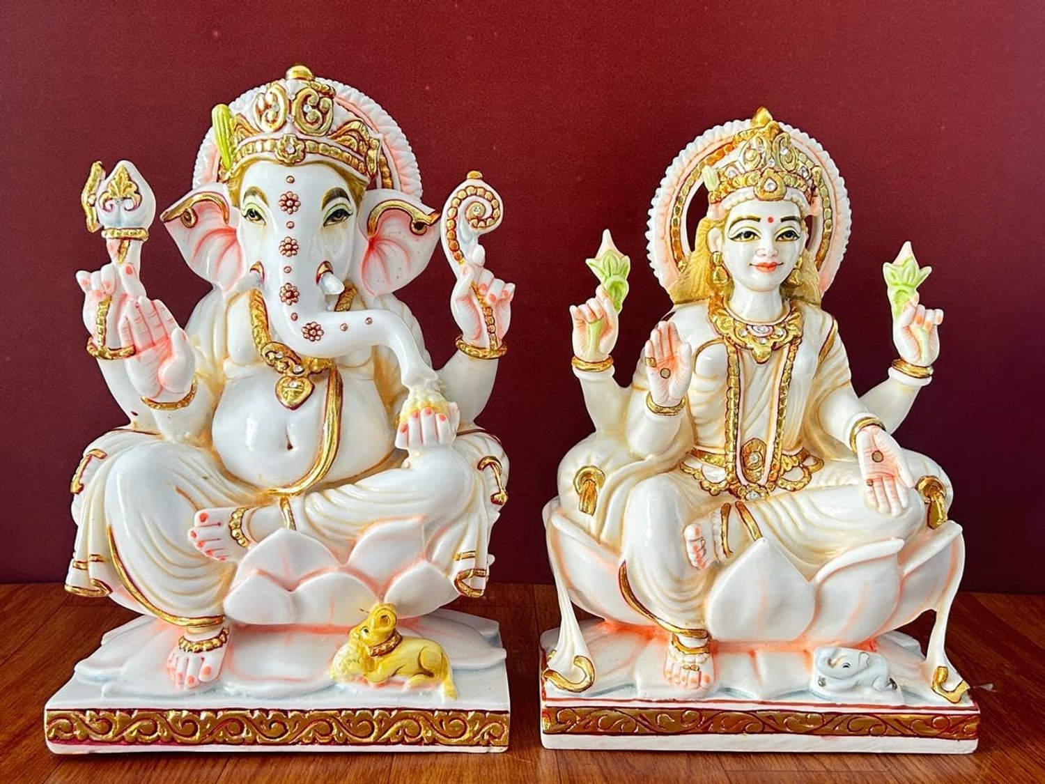 UGRA Handgeschilderde Lakshmi Ganesh standbeeld, 30CM gekweekte marmeren Diwali Puja Idol