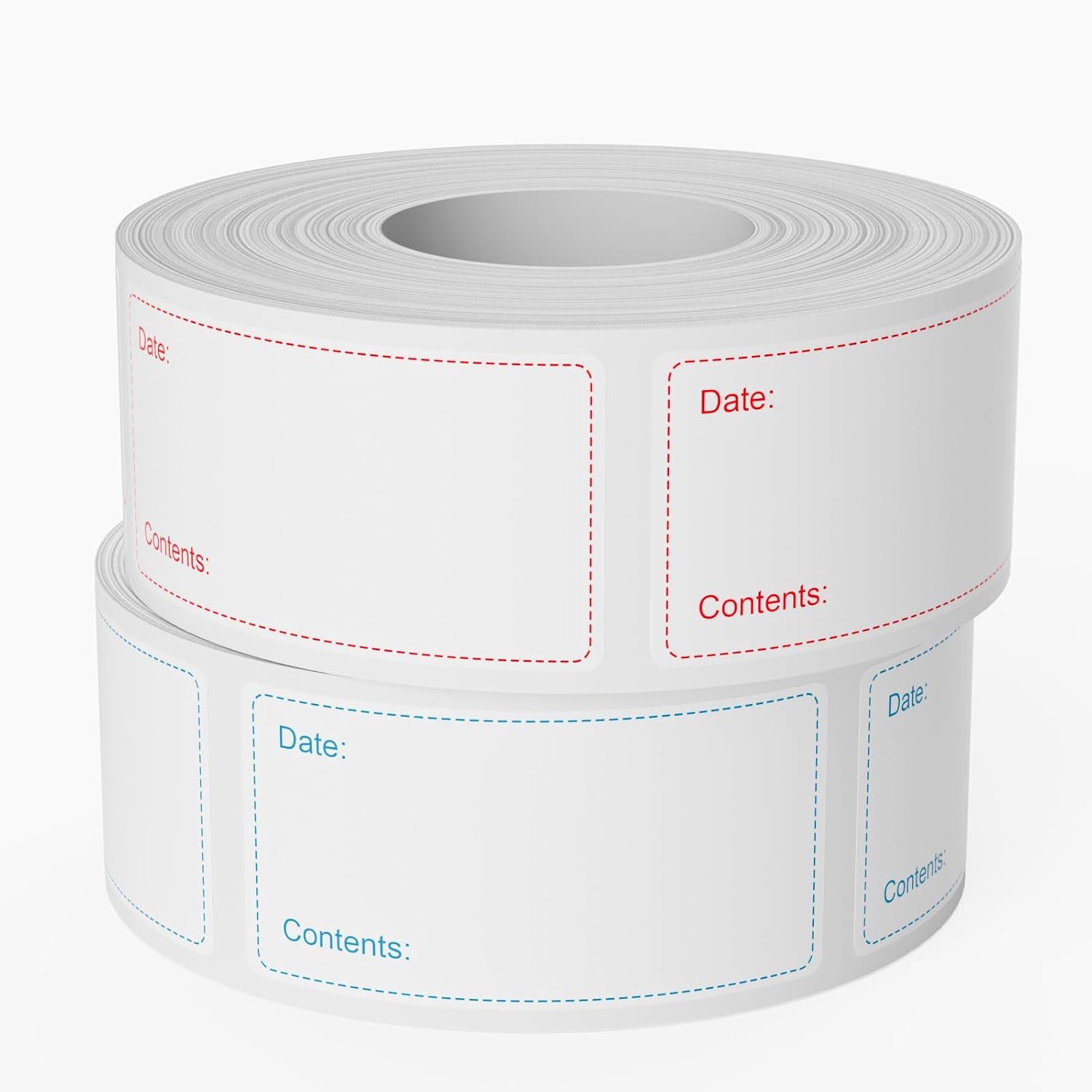2 rollen met 1200 diepvriesetiketten (75 x 25 mm), zelfklevend, verwijderbaar | Laat geen residu, oliebestendig en waterdicht, voedseletiketten voor potten, voorraadkasten en containers (rood en blauw)