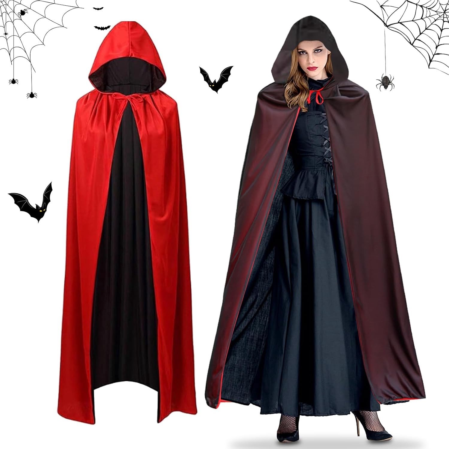 Horrorpak voor Halloween met Kap, Dubbelzijdige Zwarte-Rode Cape, Perfect voor Vampier Kostuum en Feestjes