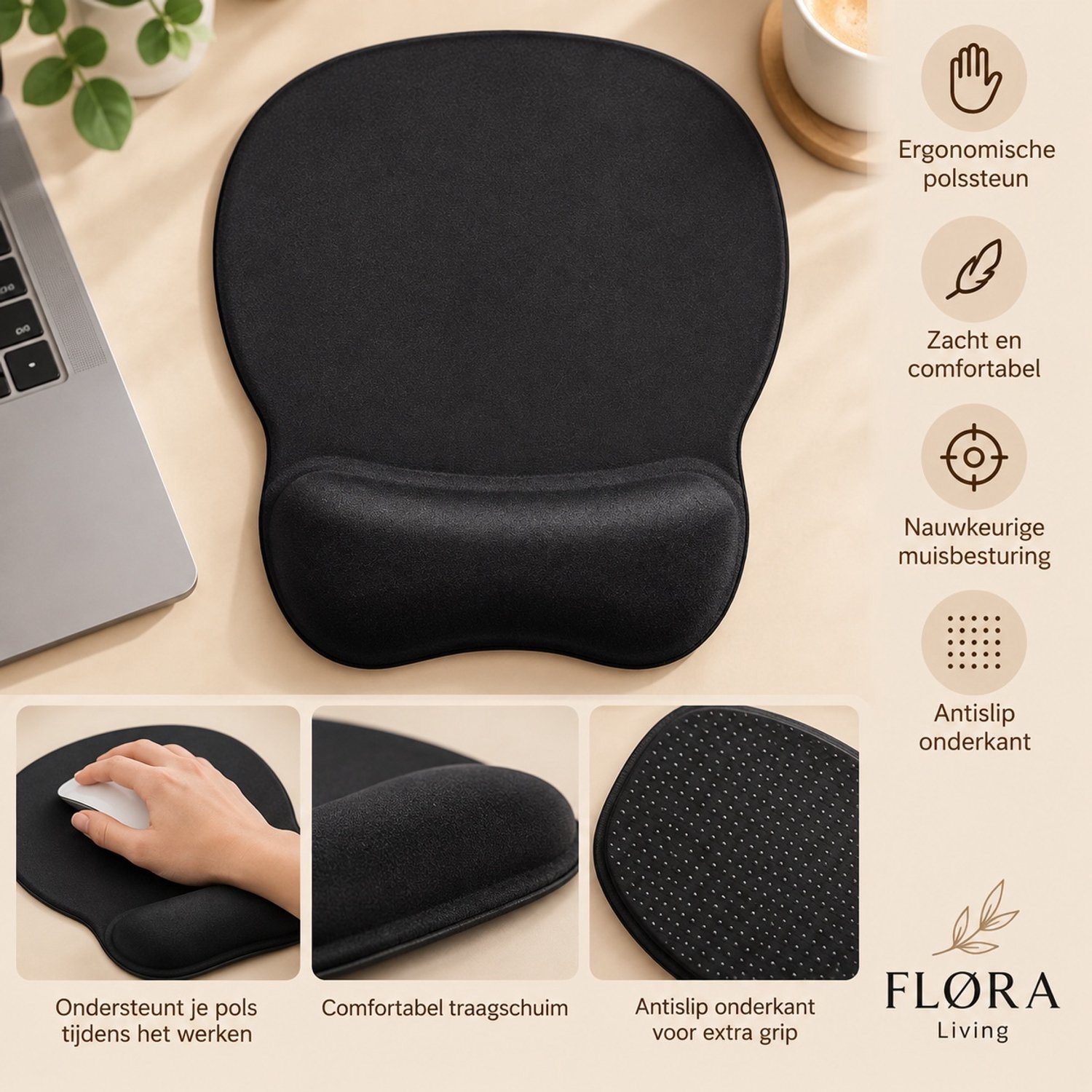 Muismat met Polssteun - Ergonomisch - Gel - Antislip - Zwart - FLØRA Living