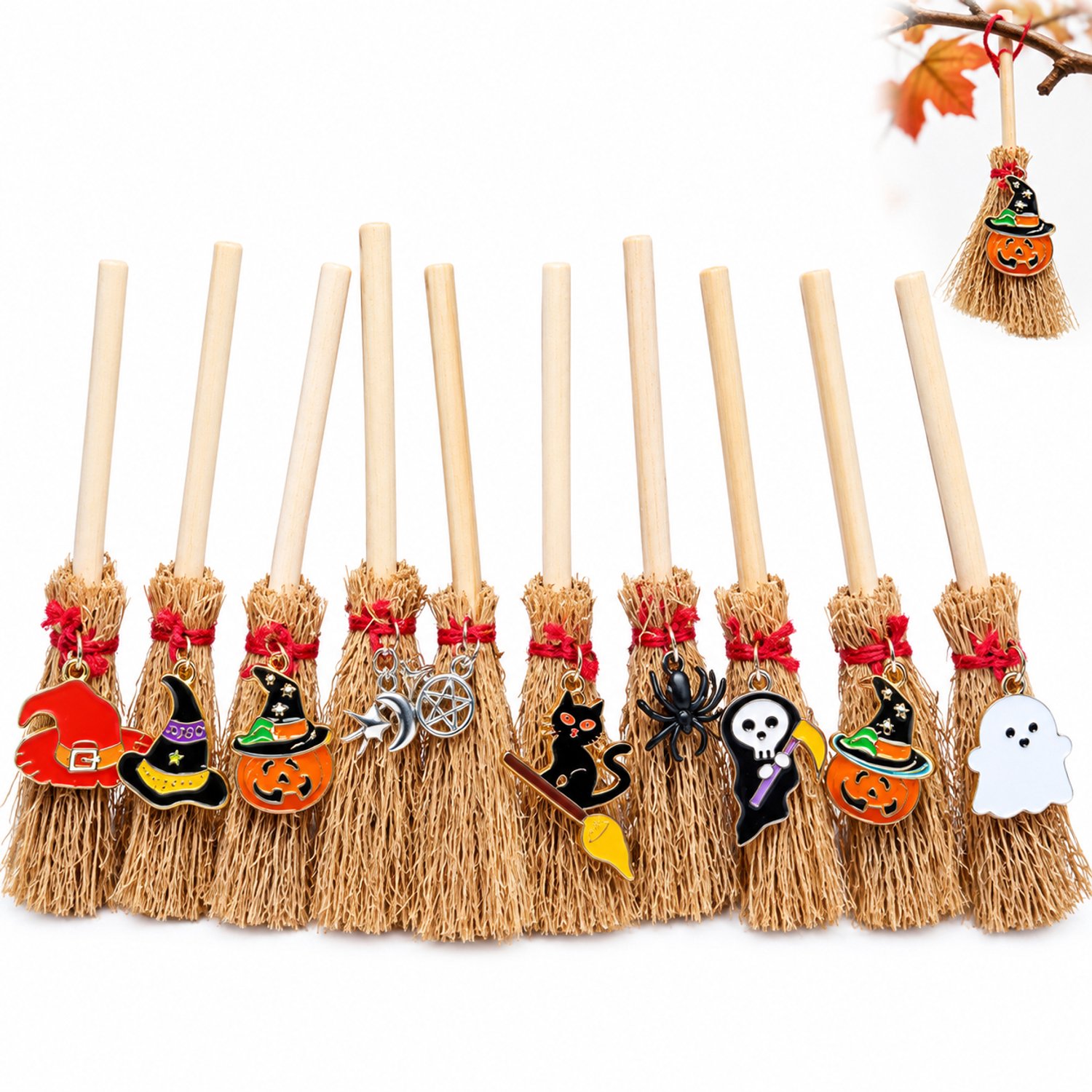 VHV - Handgemaakte Mini Houten Bezem Hanger - 10 cm Heksen Decoratie - Halloween en Kerstversiering - Rustiek DIY Knutselen Cadeau