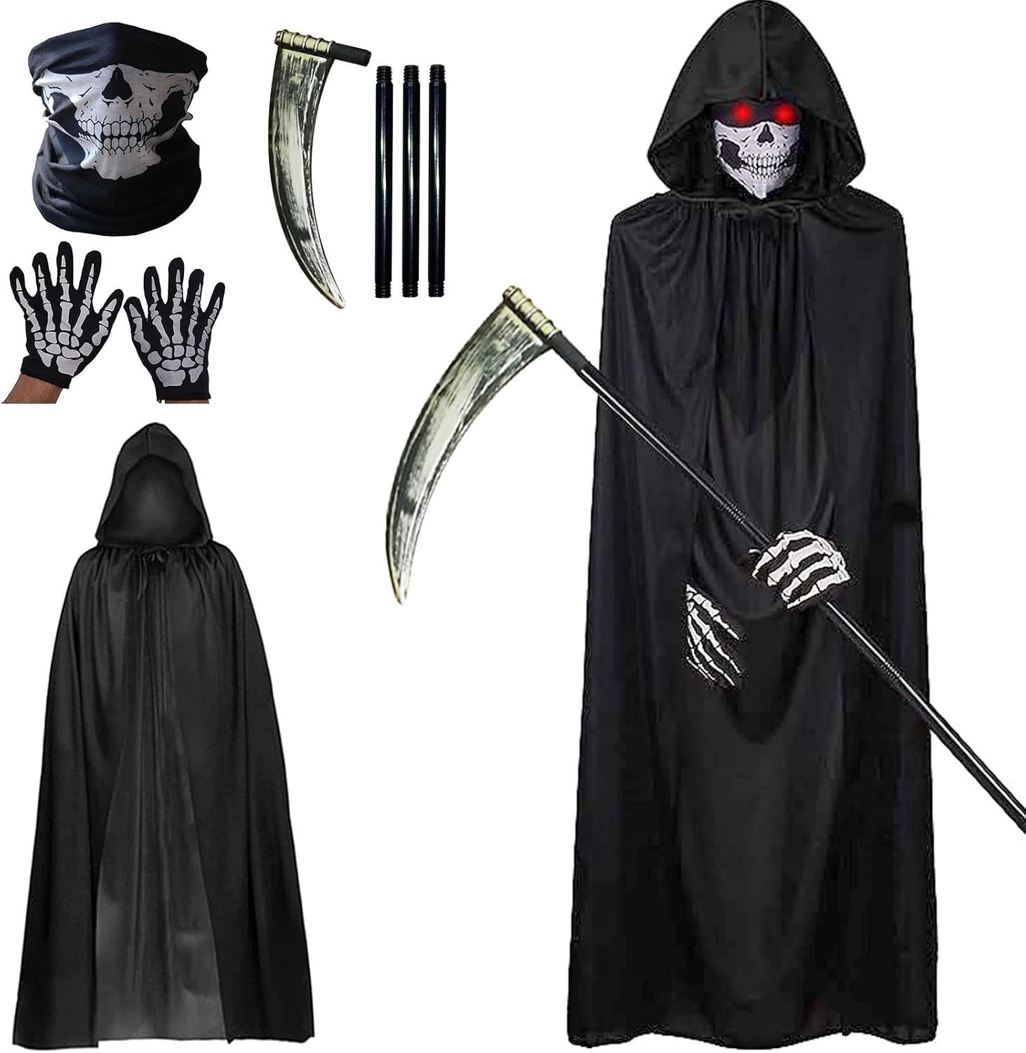 Sensenman Kostuum voor Halloween met Kap, Doodskop Masker, Handschoenen en Grim Reaper Thema voor Volwassenen, Perfect voor Carnaval en Cosplay