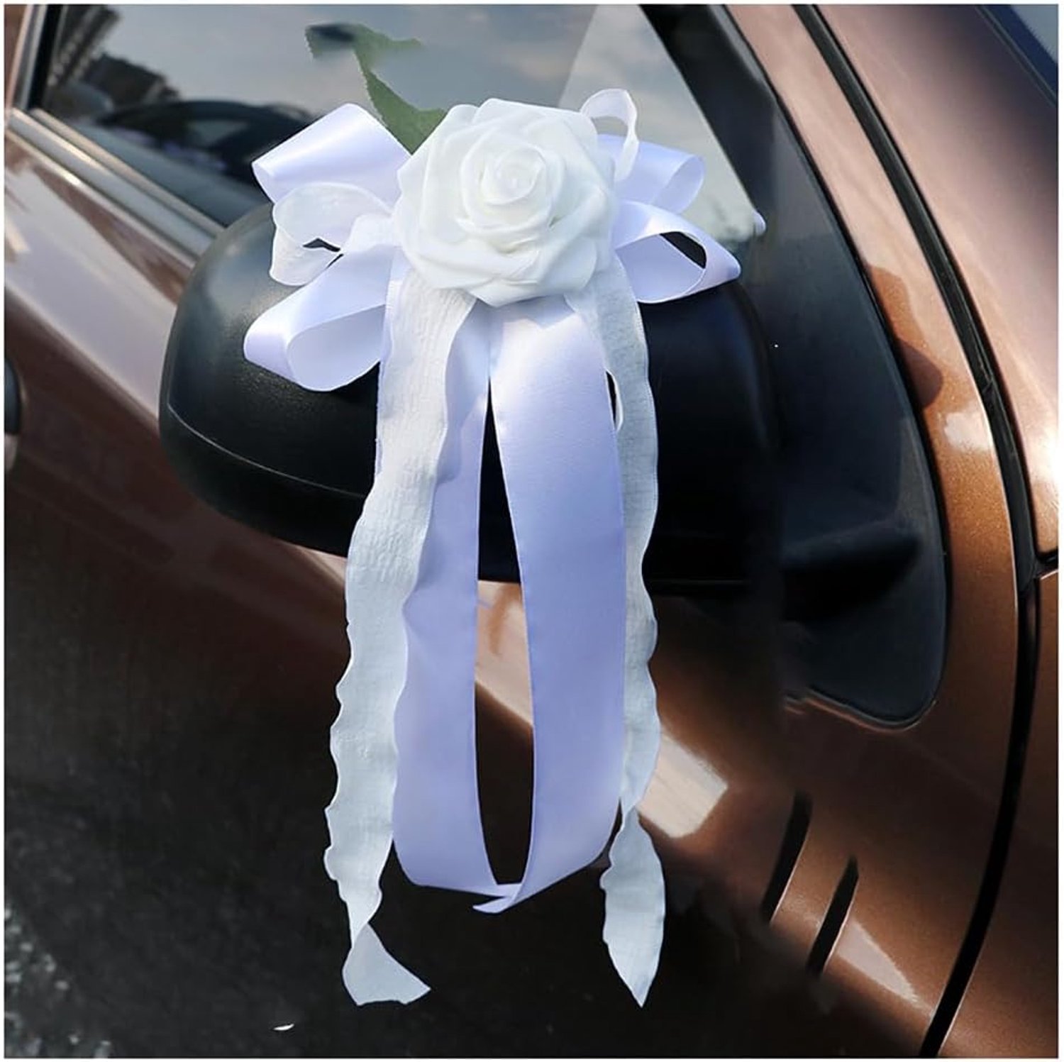 Autolinten voor bruiloft, spiegeldecoratie, antennelinten, simulatiebloem, decoratie voor bruiloftsauto, handgemaakte linten, stoelbanden, bruiloftslinten voor bruiloftsdecoratie, wit, 4