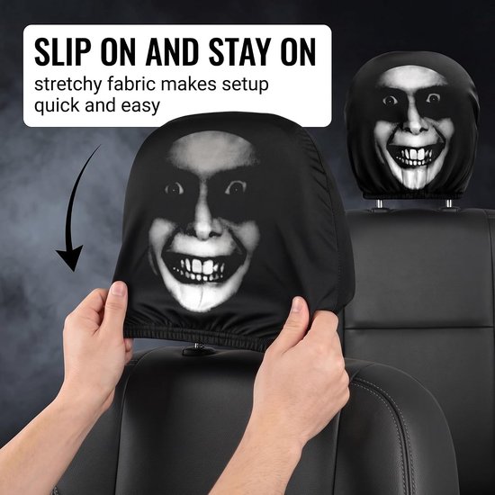 2 stuks horrorhoofdsteunhoezen met griezelig gezicht, grappige autohoofdsteunhoes voor Halloween, universele auto-accessoires van elastische stof, opdruk voor achter — afbeelding 4