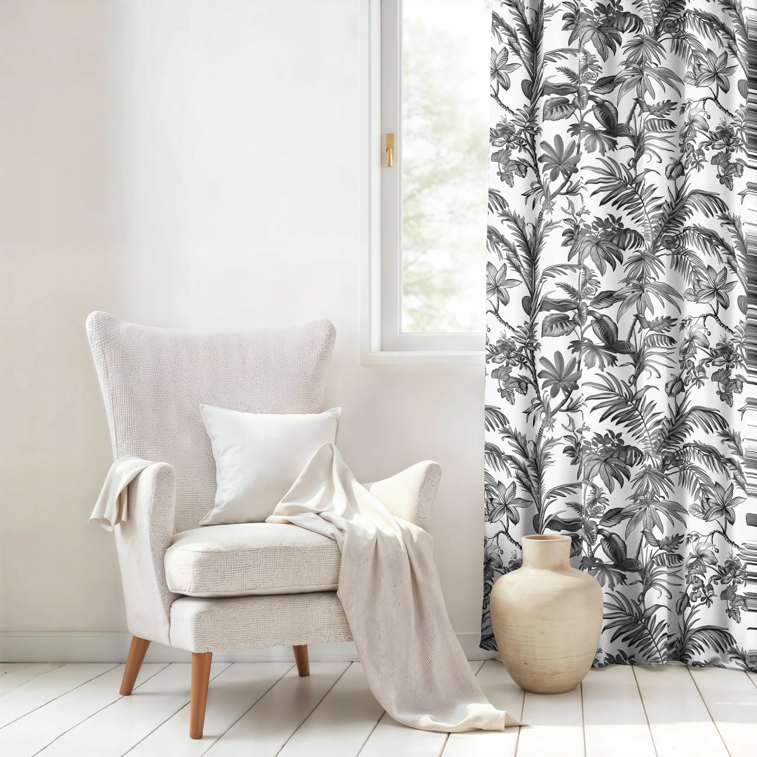Merkloze Gordijn 140x250 cm - Tropische Bladeren, Wit/Zwart