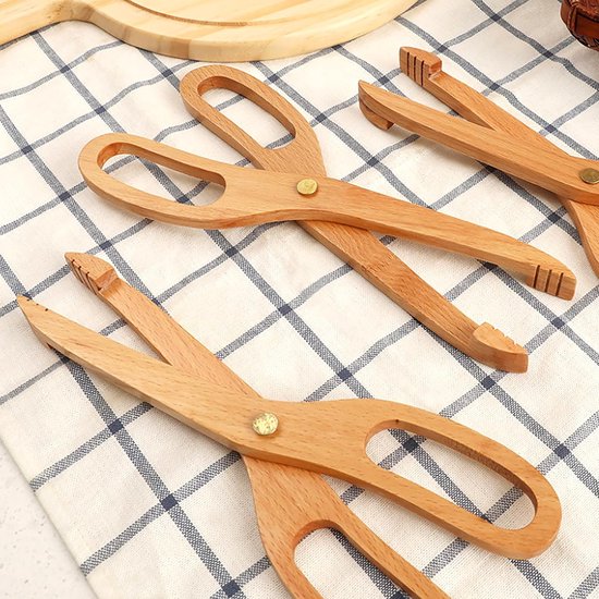 2 stuks beukenhouten schaartang (25 cm), toasttang met antislip punten, korte houten tang om te koken, Koreaanse stijl, herbruikbaar, dik, licht, ideaal voor brood, taart, fruit — afbeelding 3