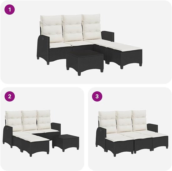 Poly rattan verstelbare rugleuning L vormig tuinbankset zwart crème 3 delig — afbeelding 3