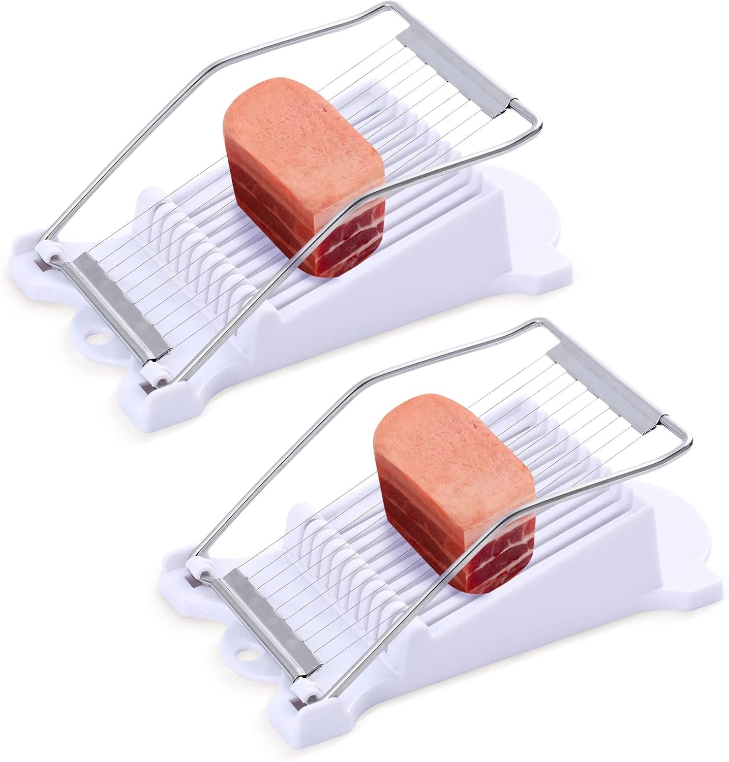 Spam snijmachine, 2 stuks eiersnijder, vleessnijder, roestvrijstalen draadsnijder, 10 plakjes voor eieren, ham, avocado, bananen, uien, zacht voedsel en fruit (wit)