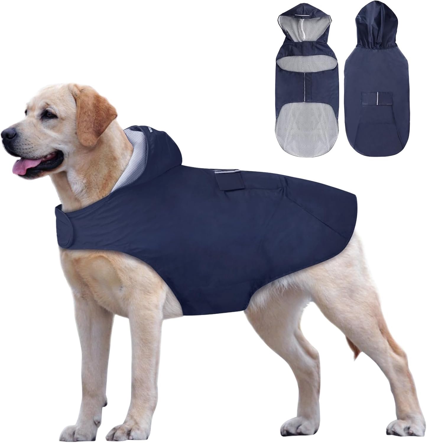 Regenjas voor honden, met kraaggat, waterdicht, reflecterend, winddicht, poncho met capuchon, voor kleine, middelgrote en grote honden, marineblauw