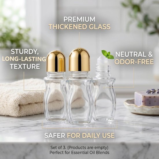 3 stuks Roller Ball Applicator 50ml Lege Glazen Roller Flessen Dikke Clear Rollerball Fles met Lekvrije Cap Draagbaar voor Oliën Parfum DIY Vloeistof. — afbeelding 4