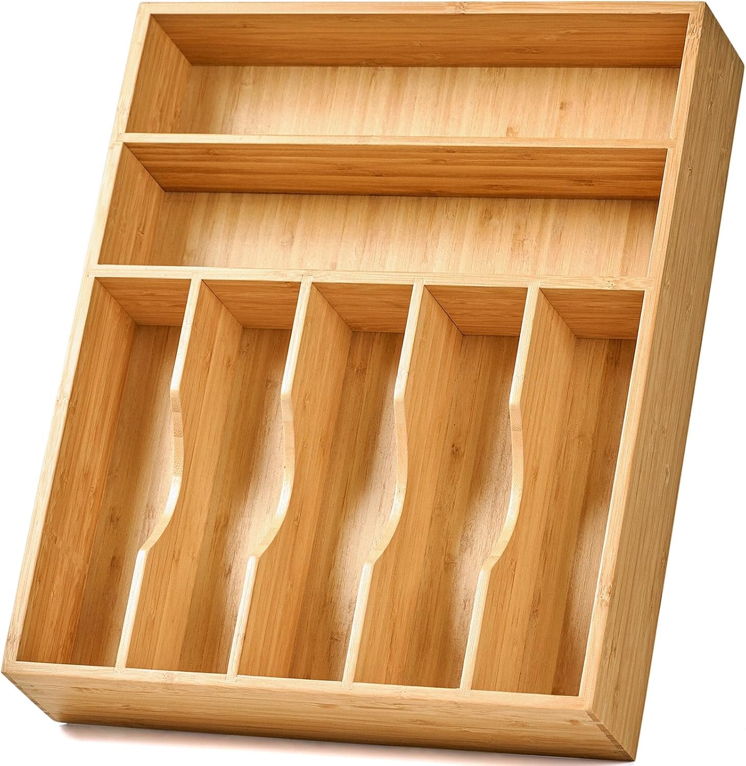 Keukenlade organizer, 13 inch zilverwerk gebruiksvoorwerp lade houder, extra diep, met antislip voeten en gegroefde ladeverdeler, 7 sleuven totale bamboehouten caddy voor bestek messen, vorken, lepels