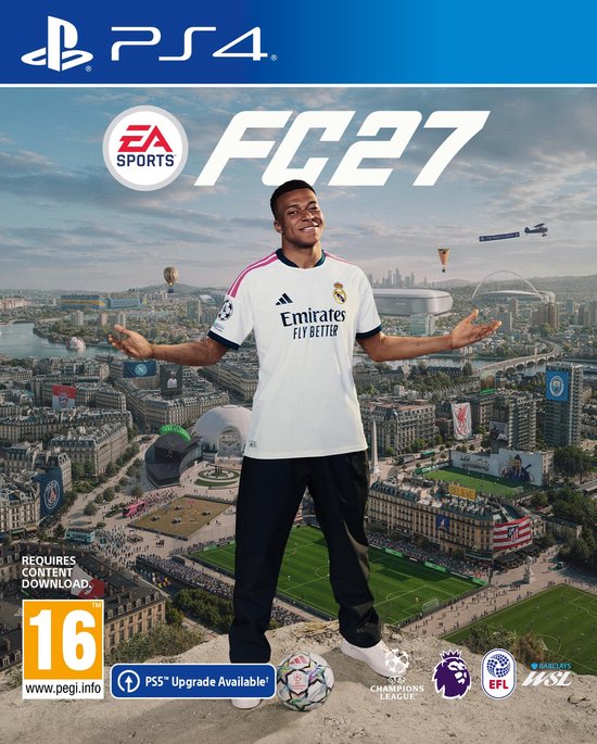 Playstation 4 cover van FC 27 met Kylian Mbappé in wit Real Madrid shirt voor een stad.