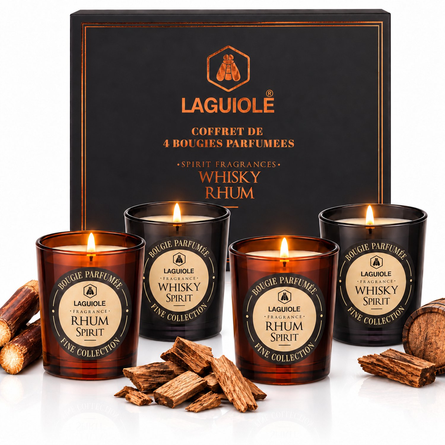 Laguiole Geurkaarsen - Kaarsen - Luxe Kaars - Geschenkset - 4 x30g Giftset - Whisky en Rhum Spirit