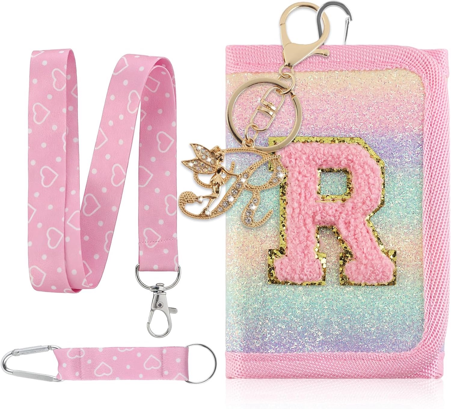 Kinderborsttas, kinderportemonnee voor meisjes, roze letters A-Z, drievoudige gevouwen portemonnee met sleutelhanger, portemonnee om om te hangen, schoolzak, vulling, cadeau voor meisjes, R, 12