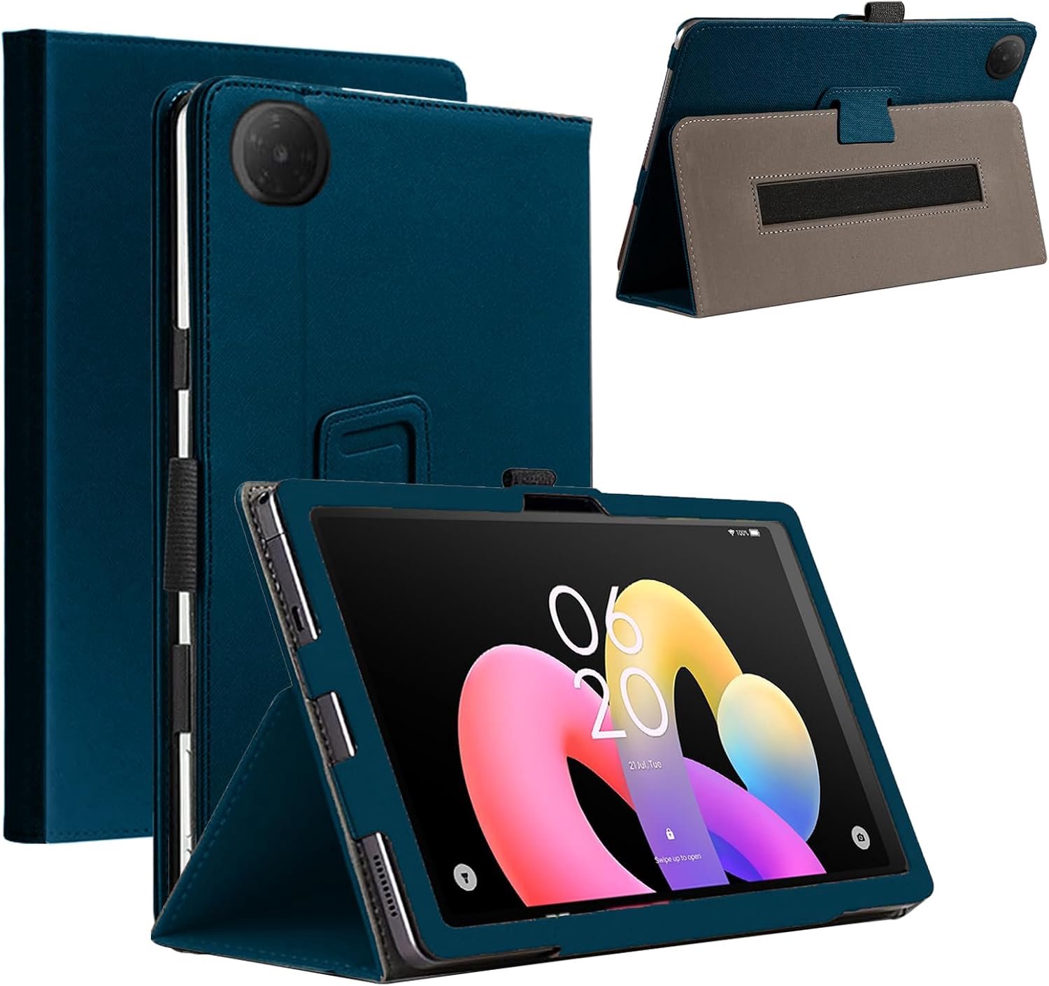 Tablethoes voor TCL TAB 10L Gen 4, ultradunne PU-lederen afdekking, klapstandaard, beschermhoes, auto slaap/wakker worden, magnetische case cover met penhouder en polsband, donkerblauw