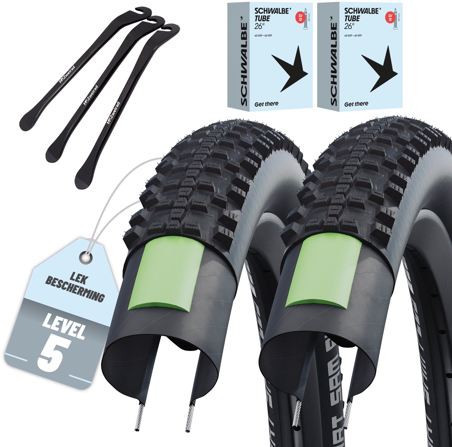 MSZweirad 2x Schwalbe Smart Sam Plus 26 x 2,25 (57-559) - GreenGuard - SV/Presta-binnenbanden - 3 bandenlichters