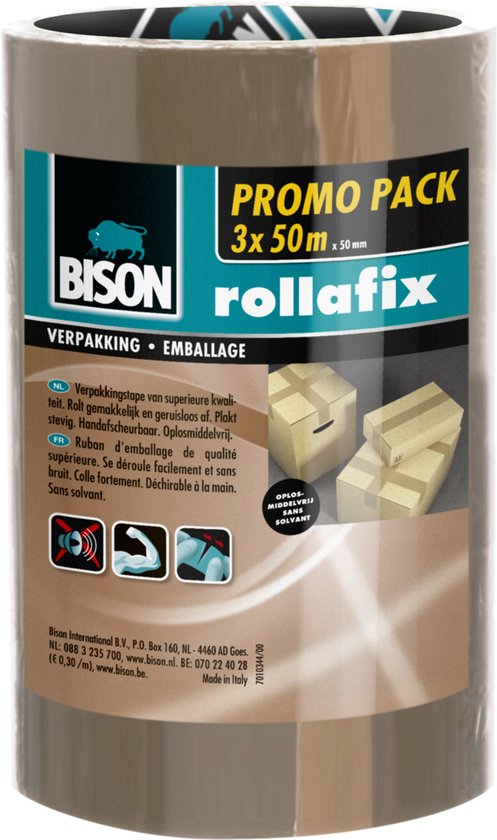 Bison Rollafix verpakkingstape, bruin, 3 rollen van 50m x 50mm. Handafscheurbaar.