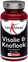Donkerrode pot met zilverkleurige dop. Zwart label met 'LUCOVITAAL Visolie & Knoflook' en '120 CAPSULES'.