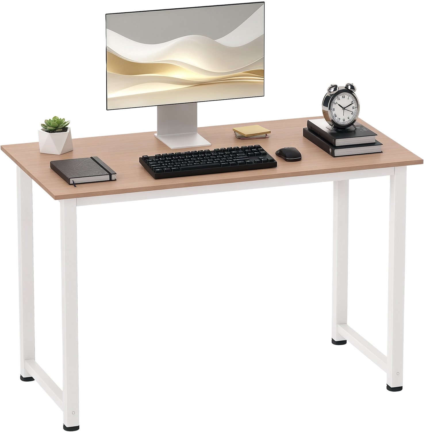 Bureau met stalen frame, verstelbare poten, studietafel voor thuiswerkplek, 120x60x76 cm, wit en naturel