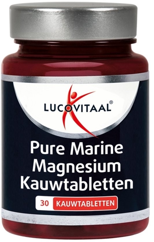 Lucovitaal Pure Marine Magnesium Kauwtabletten met 30 kauwtabletten in een donkerrode pot.