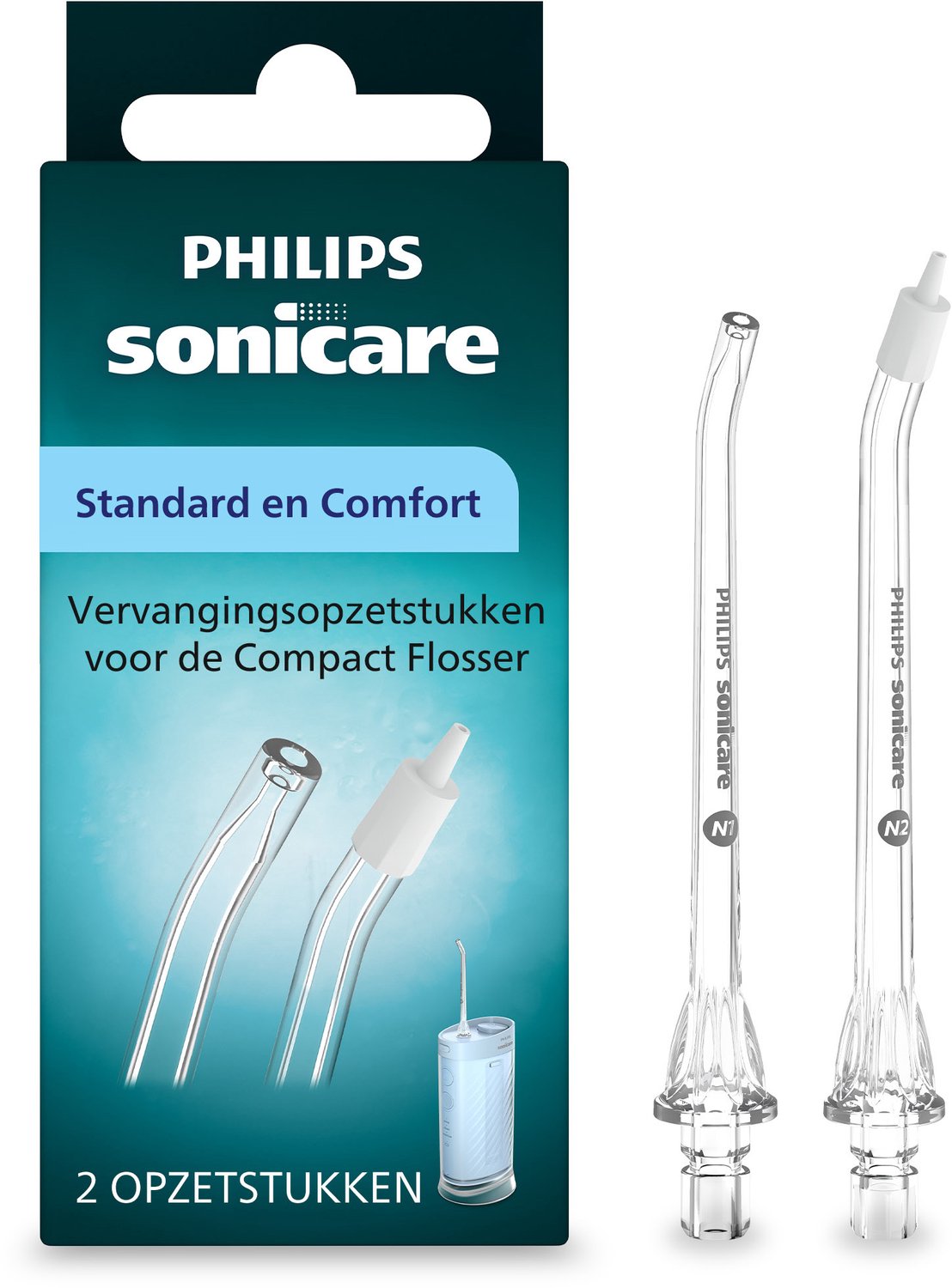 Philips Sonicare Power Flosser Opzetstuk– Standard & Comfort voor Dagelijkse Reiniging en Gevoelig Tandvlees, 2 Stuks HX3072/00