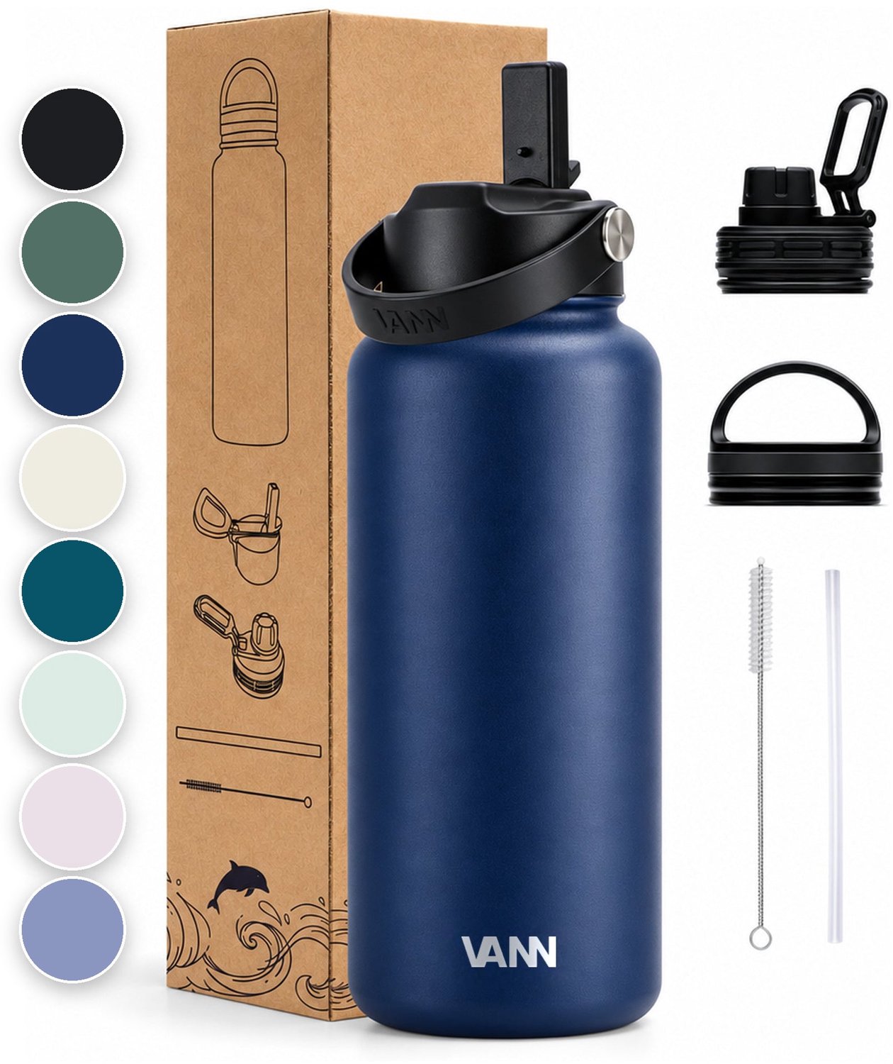 Bol.com VANN® 3-Wandige RVS Drinkfles 1 Liter met rietje voor volwassenen – Met 5 accessoires – Thermosfles – 24 uur koud/12 uur... aanbieding