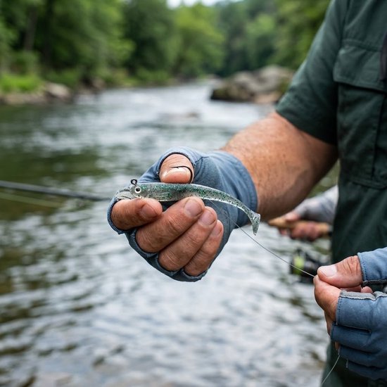 Grijs transparant kunstaas 20 stuks – zachte visvormige shads met glitters en enkele haken – soft bait vis aas met gespleten staart voor zoetwater zoutwater roofvissen en hengelsport — afbeelding 4