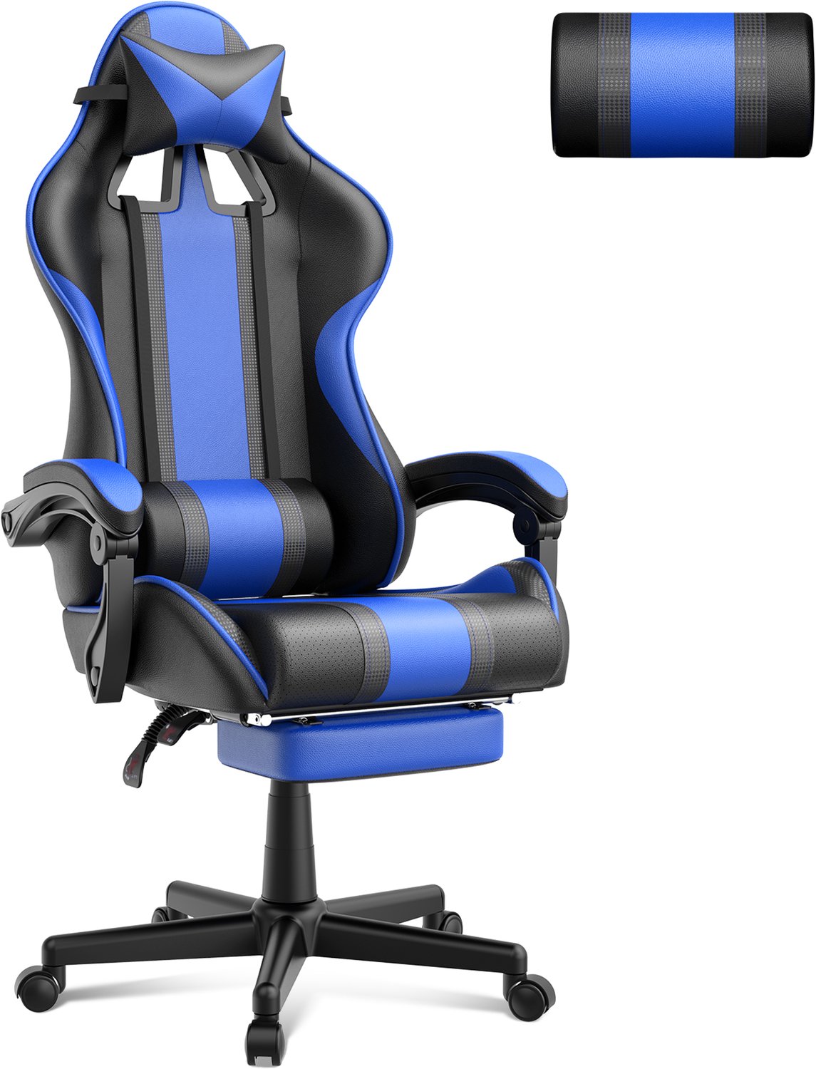 Arvioo gamestoel-blauw-voetensteun-gekoppelde armsteunen-massage-verstelbaar