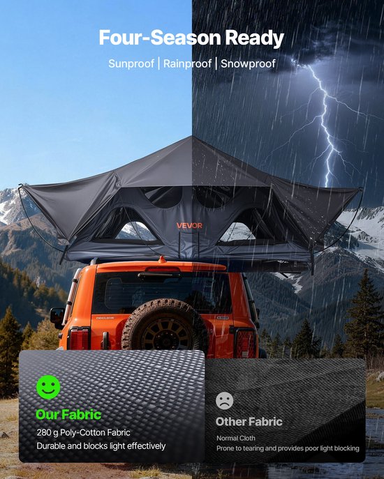 VEVOR Hard Shell Daktent voor 2-3 Personen, Opvouwbare Aluminium Kampeertent met Driekleurige LED-Verlichting, Dik Matras en 10 Ramen, Waterdicht en Winddicht, voor Jeep, SUV en Pick-Up — afbeelding 3