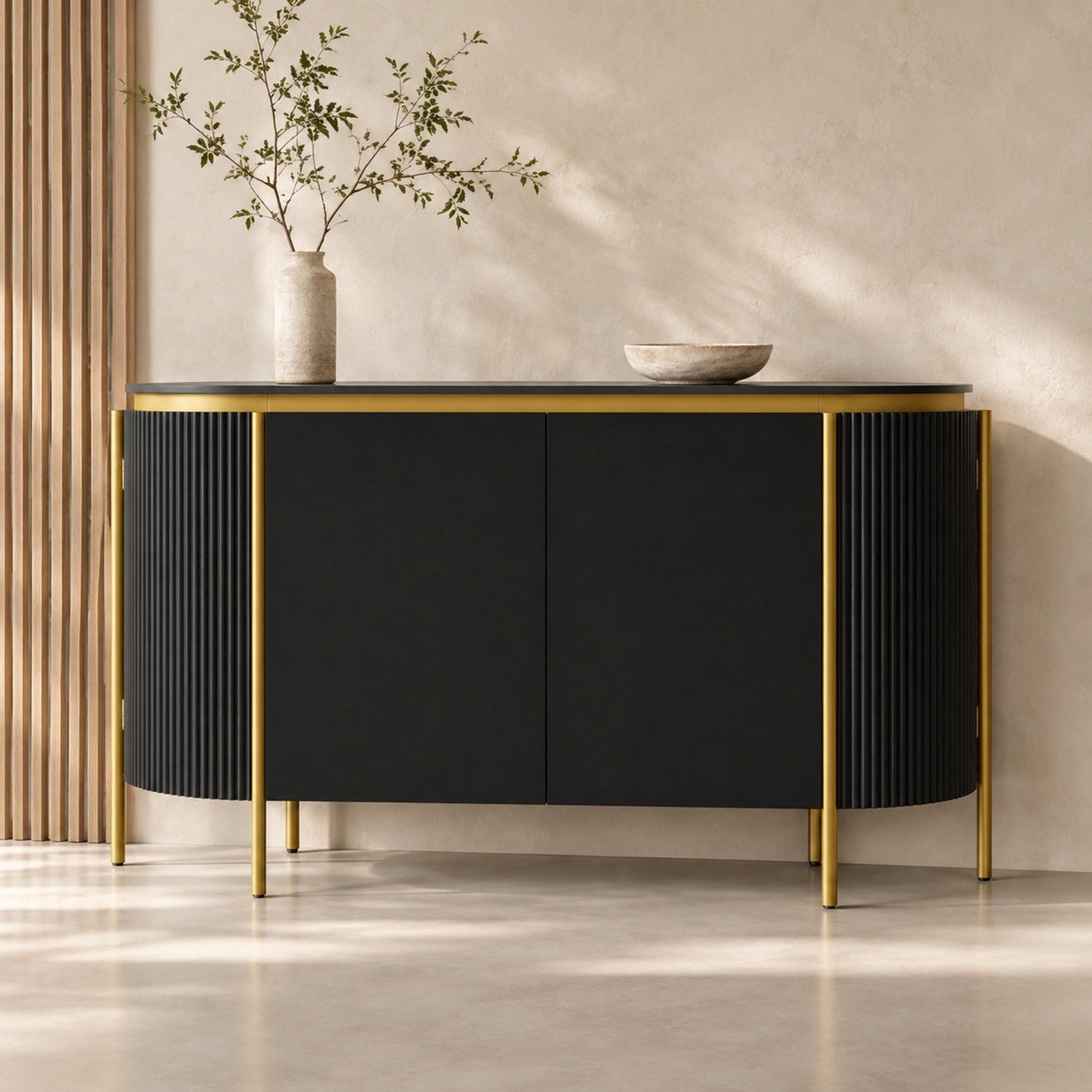 DESMIU Dressoir - Ovale Vorm Met Vier Deuren En Kabeldoorvoer - Voor Woonkamer En Hal - MDF En IJzer - 140x38x80 Cm - Zwart