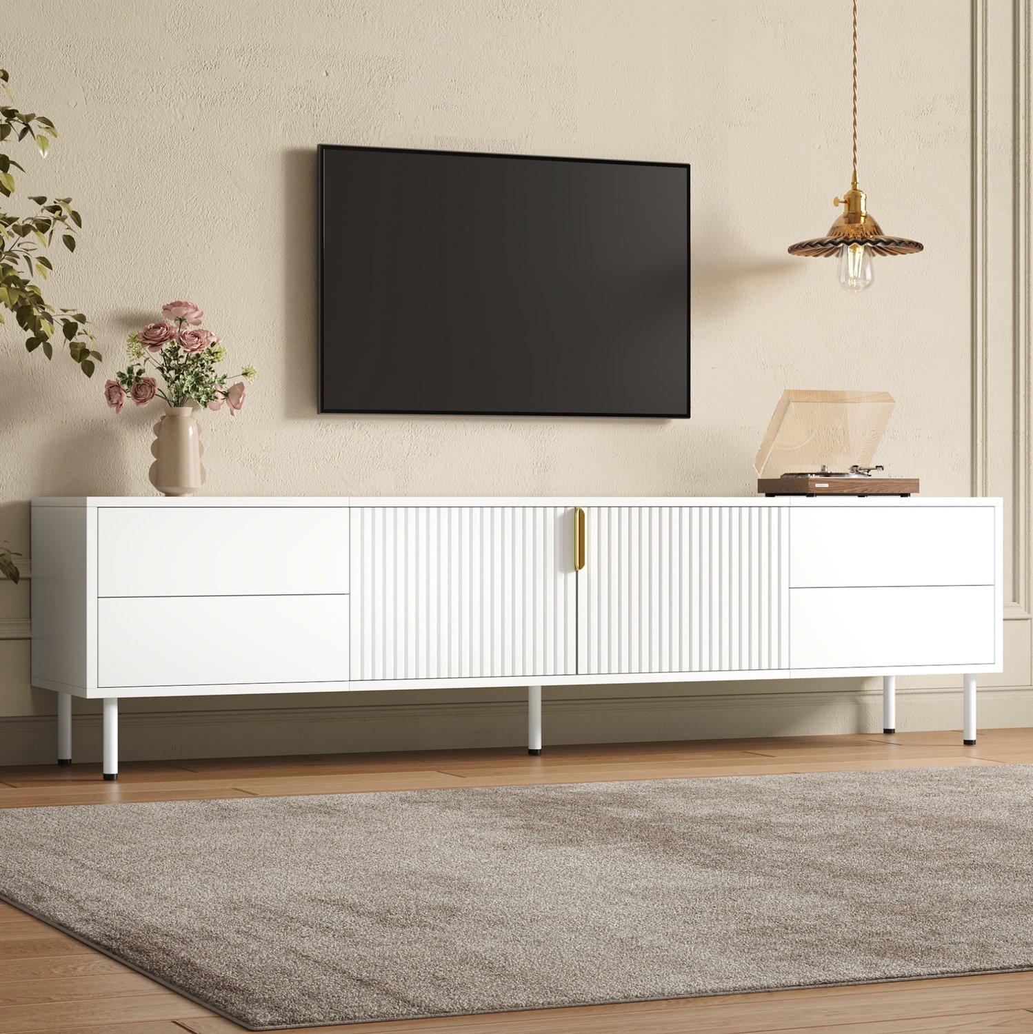 DESMIU Tv-Meubel - Vier Lades En Dubbele Riffeldeur Met Kabeldoorvoer - Voor Woonkamer - MDF En Spaanplaat - 180x40x49,5 Cm - Wit